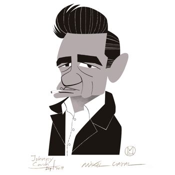 Illustration "Johnny Cash" par Mikel Casal. Reproduction A5 signée 2