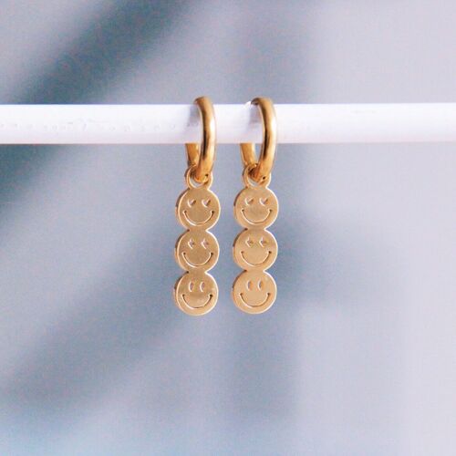 Stainless steel hoop earrings with 3 smileys – gold