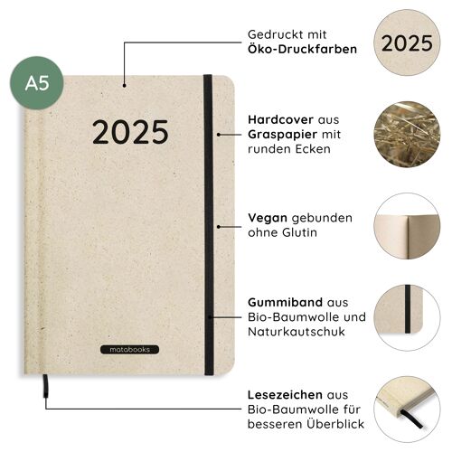 Nachhaltiger und veganer A5 Kalender/Jahresplaner/Organizer/Terminkalender aus Süßgraspapier – Samaya 2025 Farbe: Nature M (DE/EN)