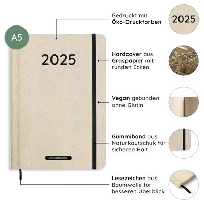 Calendario A5 sostenibile e vegano/pianificatore annuale/organizzatore/calendario per appuntamenti in carta erba dolce - Samaya 2025 Colore: Natura M (DE/EN)