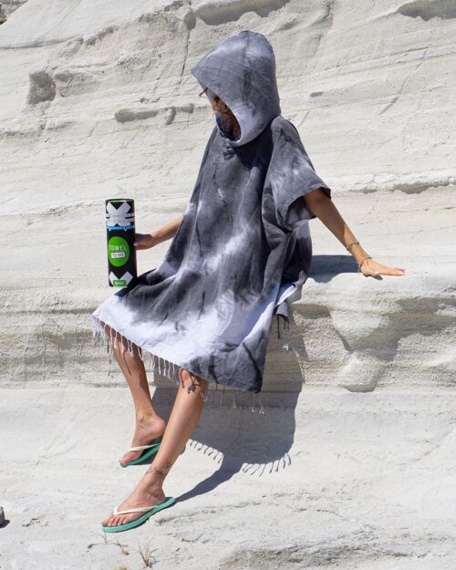 TIE DYE Hooded Beach Poncho | Black - White, with Recycled Gift Box