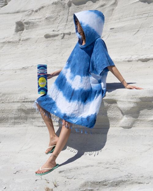 TIE DYE Hooded Beach Poncho | Blue - White, with Recycled Gift Box