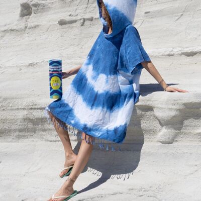 Poncho da spiaggia con cappuccio TIE DYE | Blu - Bianco, con confezione regalo riciclata