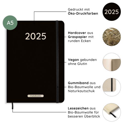 Nachhaltiger und veganer A5 Kalender/Jahresplaner/Organizer/Terminkalender aus Süßgraspapier – Samaya 2025 Farbe: Black (DE/EN)