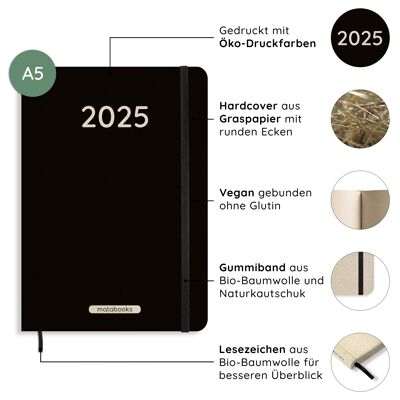 Calendario A5 sostenibile e vegano/pianificatore annuale/organizzatore/calendario per appuntamenti in carta erba dolce - Samaya 2025 Colore: Nero (DE/EN)