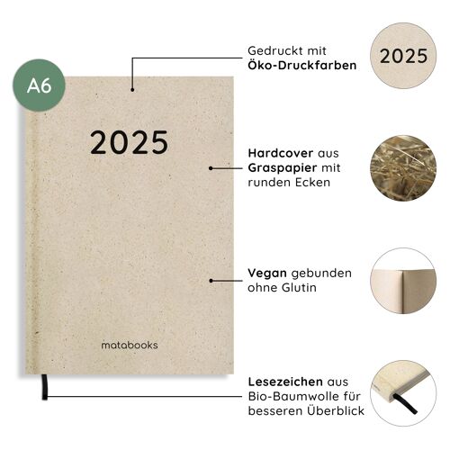 Nachhaltiger und veganer A6 Kalender/Jahresplaner/Organizer/Terminkalender aus Graspapier – Samaya 2025 Farbe: Nature S (DE/EN)