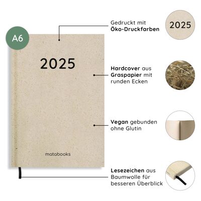 Calendario A6 sostenibile e vegano/pianificatore annuale/organizzatore/calendario per appuntamenti in carta erba - Samaya 2025 Colore: Natura S (DE/EN)
