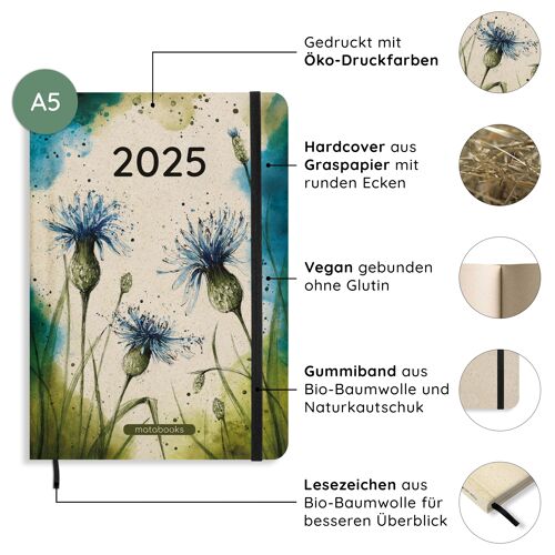 Nachhaltiger und veganer A5 Kalender/Jahresplaner/Organizer/Terminkalender aus Graspapier – Samaya 2025 Farbe: Blossom Blue (DE/EN)