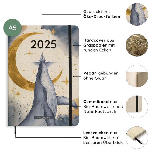Nachhaltiger und veganer A5 Kalender/Jahresplaner/Organizer/Terminkalender aus Graspapier – Samaya 2025 Farbe: Midnight (DE/EN)