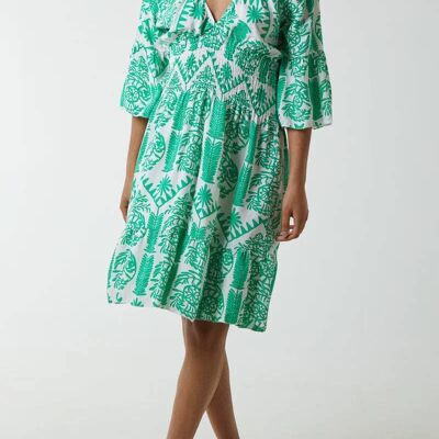 Mini abito oversize con stampa floreale dettagliato con maniche a 3/4 e scollo a V in verde