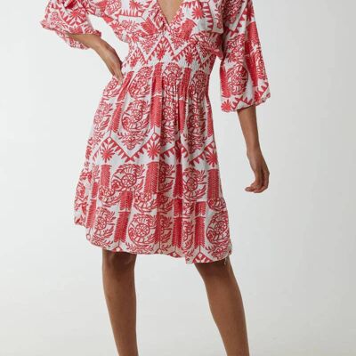 Mini abito oversize con stampa floreale dettagliato con maniche a 3/4 e scollo a V in rosso