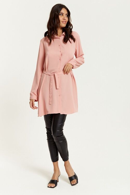 Oversized Belt Detailed Shirt Tunic with Long Sleeves in Pin