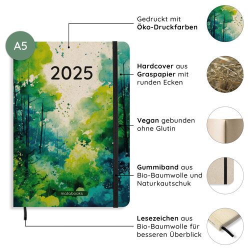 Nachhaltiger und veganer A5 Kalender/Jahresplaner/Organizer/Terminkalender aus Graspapier – Samaya 2025 Farbe: Lush Green (DE/EN)