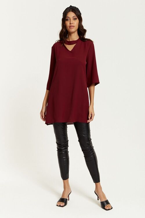 Oversized Detailed Neckline Tunic with 3/4 Sleeves in un