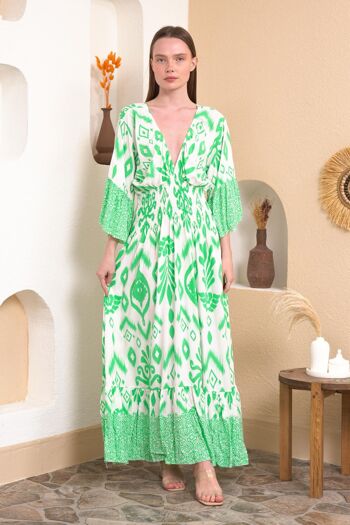 Robe longue surdimensionnée à manches flottantes, taille froncée, imprimé géométrique, col en V, vert et blanc 1