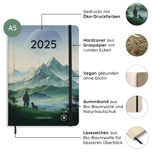 Nachhaltiger und veganer A5 Kalender/Jahresplaner/Organizer/Terminkalender aus Graspapier – Samaya 2025 Farbe: Meadow (DE/EN)