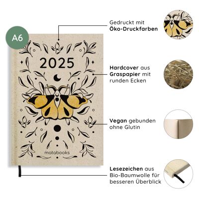 Nachhaltiger und veganer A6 Kalender/Jahresplaner/Organizer/Terminkalender aus Graspapier – Samaya 2025 Farbe: Lunar Gold (DE/EN)