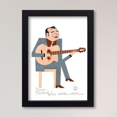 Illustration "Django Reinhardt" de Mikel Casal. Reproduction A5 signée