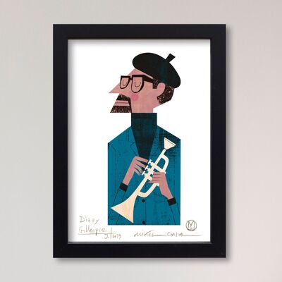 Illustration "Dizzy Gillespie" par Mikel Casal. Reproduction A5 signée