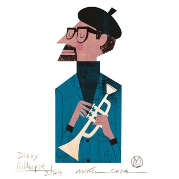 Illustration "Dizzy Gillespie" par Mikel Casal. Reproduction A5 signée 2