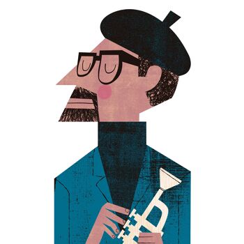 Illustration "Dizzy Gillespie" par Mikel Casal. Reproduction A5 signée 3