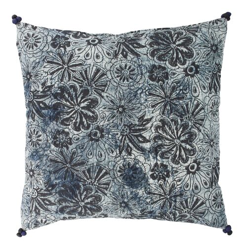 Coussin en coton imprimé bleu et noir 4 pompons45x45 cm melting