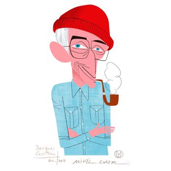 Illustration "Jacques Cousteau" par Mikel Casal. Reproduction A5 signée 2