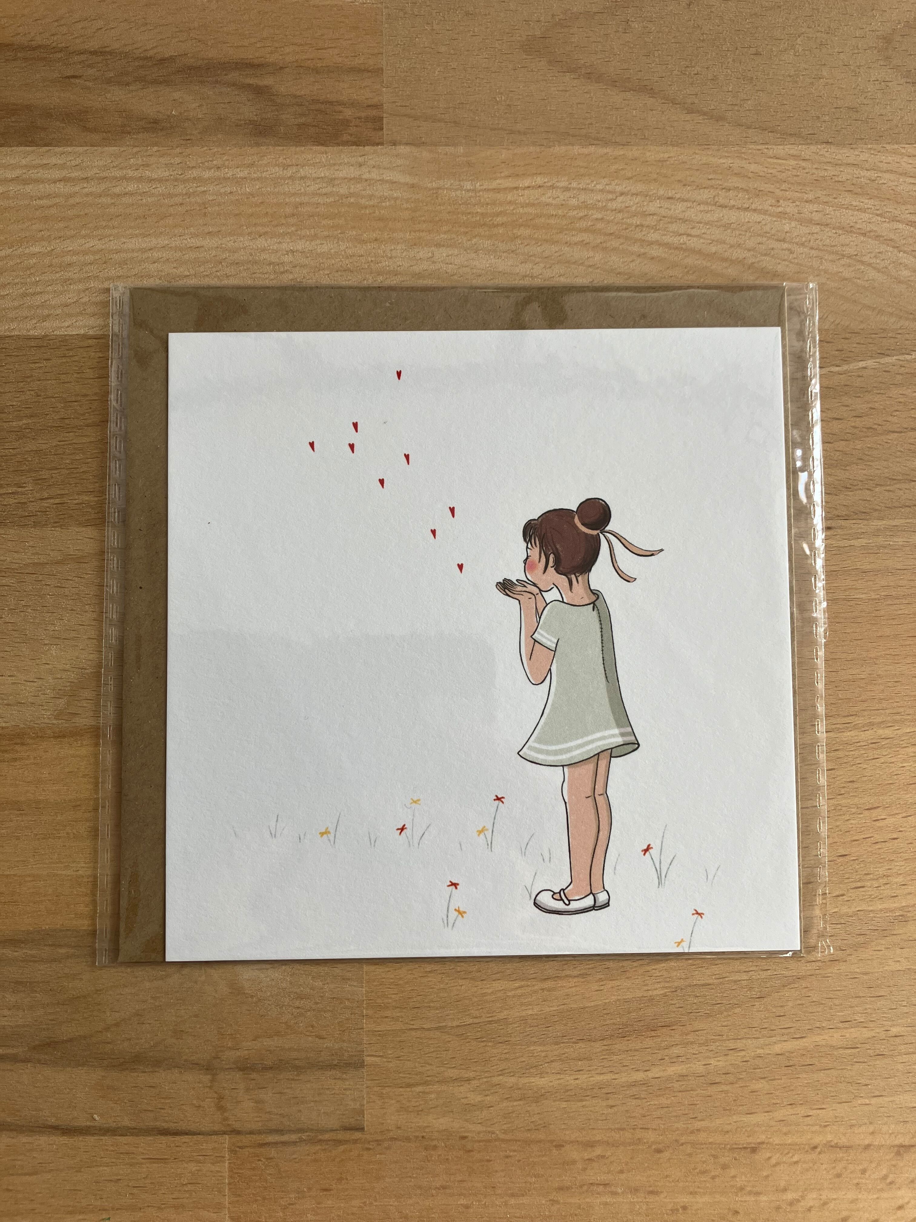 Carte postale Bisous + enveloppe kraft 13 x 13cm, A bientôt, je t'aime, félicitations, bonnes vacances ...Etc