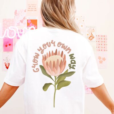 T-Shirt Blume BIOBAUMWOLLE Protea "Grow your own way" - Geschenk Motivierendes Shirt Cottagecore