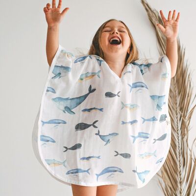 Serviette de bain de plage pour bébé Poncho à capuche en mousseline - Baleine