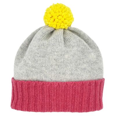 CAPPELLO PER BAMBINI - lana d'agnello - grigio e rosa - pompon giallo