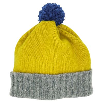 GORRO PARA NIÑOS - lana de cordero - amarillo eléctrico y gris - pompón azul marino