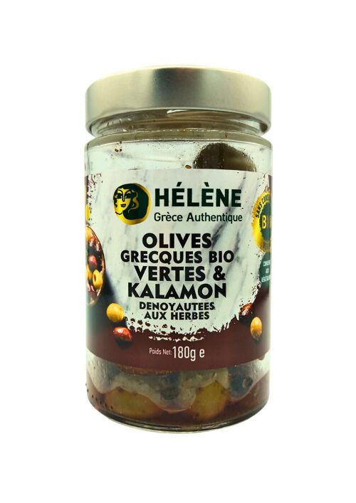Olives grecques Bio vertes et Kalamata dénoyautées aux herbes - 180g