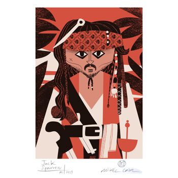 Illustration "Jack Sparrow" par Mikel Casal. Reproduction A5 signée 2