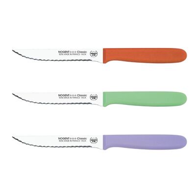 Cuchillo para carne - Hoja dentada de doble punta de 11 cm - Variado: salvia, lavanda, terracota - Con protección | Polipropileno clásico | NOGENTE ***