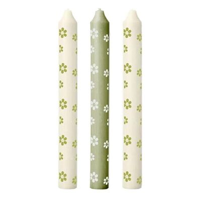 Bougies pimpées fleurs Ø2,2 h.20 cm vert - lot de 3