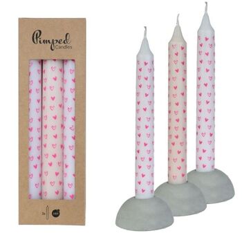 Bougies pimpées coeurs Ø2,2 h.20 cm rose 3 cul. 2