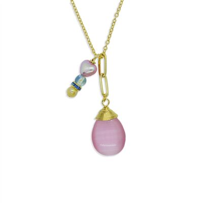 Gemstone pendant necklace pink, dainty necklace stack