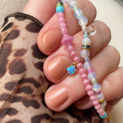 Pink dainty bracelet with opal charm, Cute jewelry gift