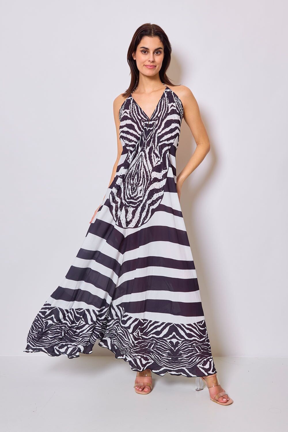 Abito lungo stampato con strass - 5503A-BLACK