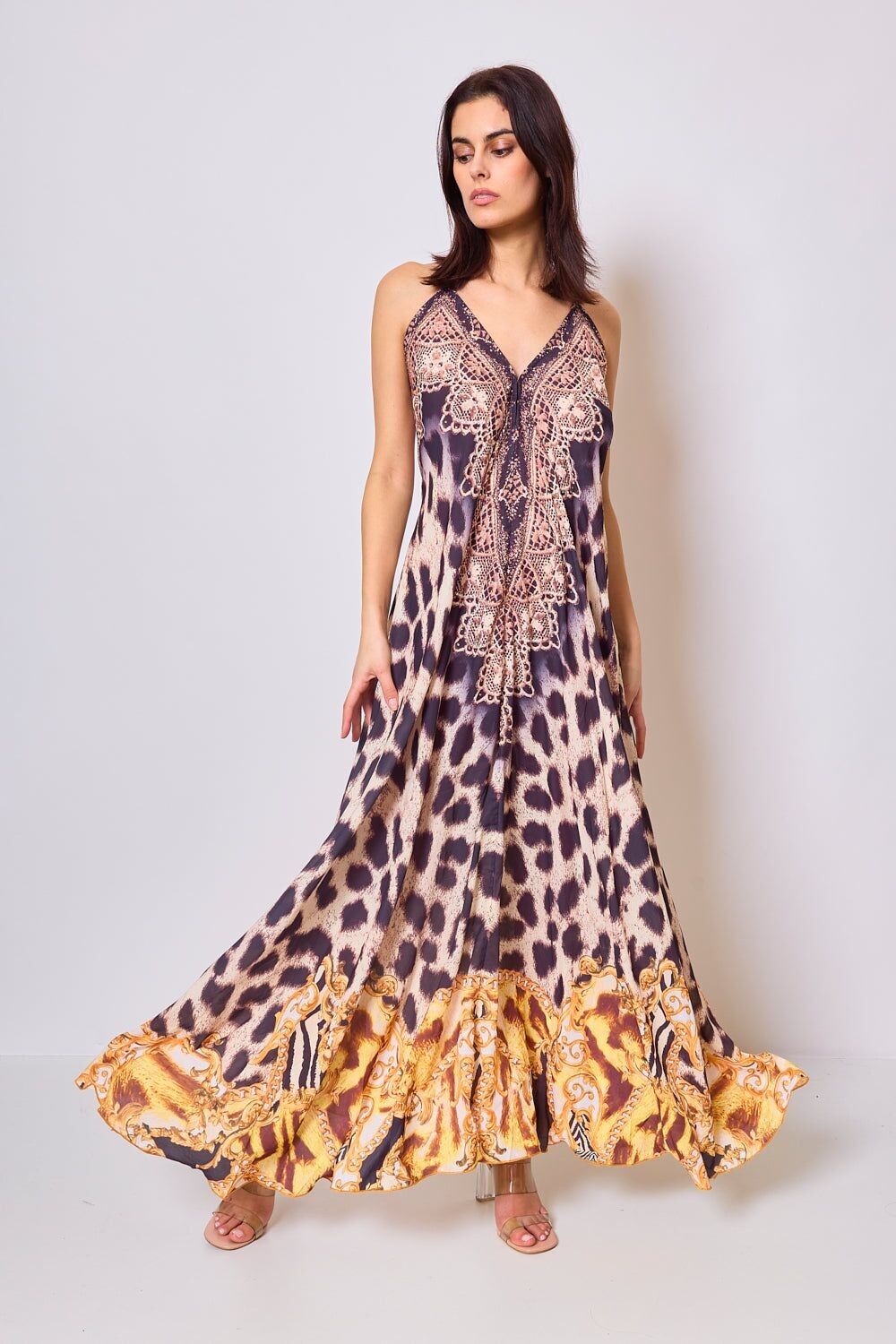 Abito lungo stampato con strass - 5502