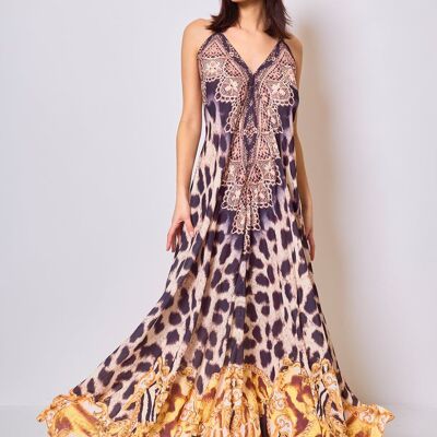 Langes bedrucktes Kleid mit Strasssteinen – 5502