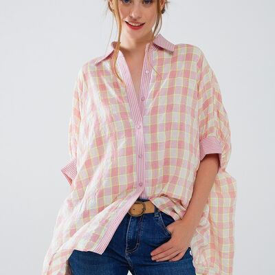 Chemise à manches courtes imprimée à carreaux en rose et blanc