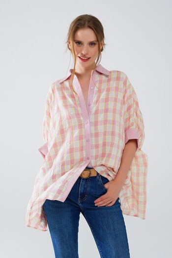 Chemise à manches courtes imprimée à carreaux en rose et blanc 1