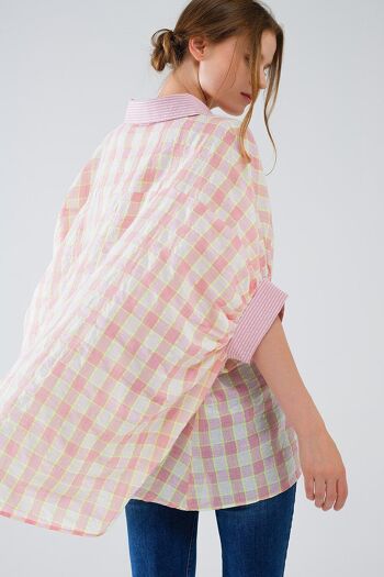 Chemise à manches courtes imprimée à carreaux en rose et blanc 2