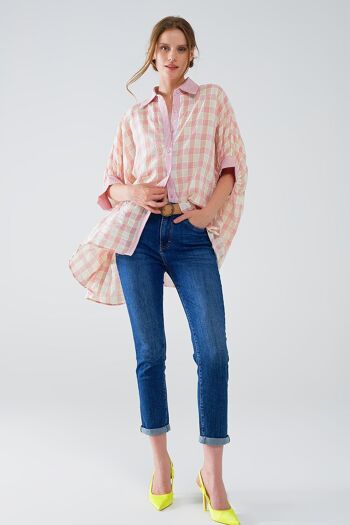Chemise à manches courtes imprimée à carreaux en rose et blanc 3