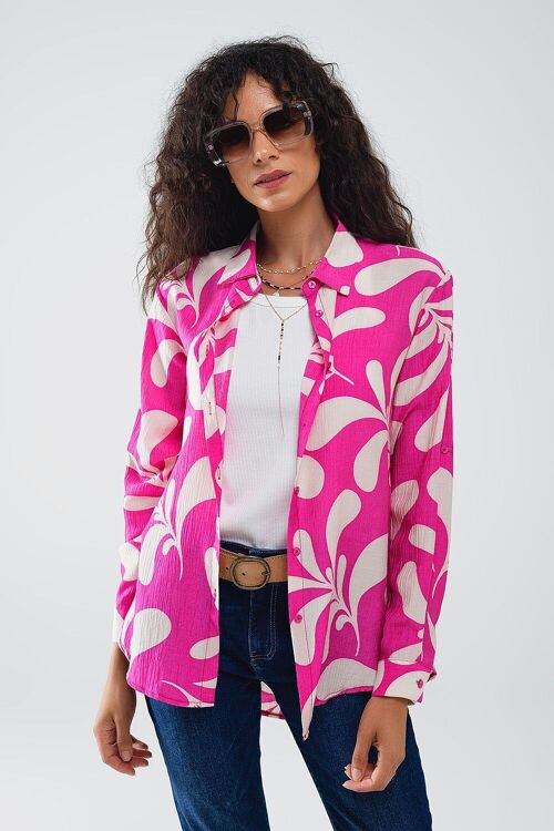 Floral Print Blouse With Polo Collar in Fuchsia