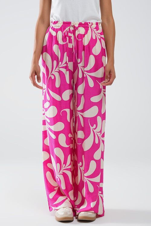 Elasticated Waist Straight Leg Pants In Fuchsia Floral Print