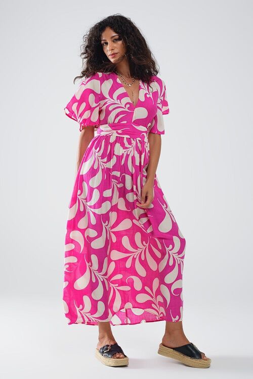 Fuchsia Floral Print Maxi Dress With Open Back