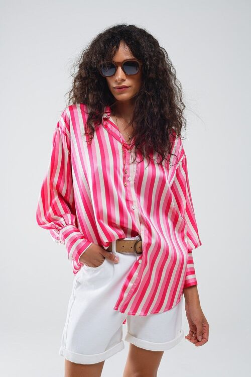 Vertical Striped satin Shirt in Pink with Button Up Closing